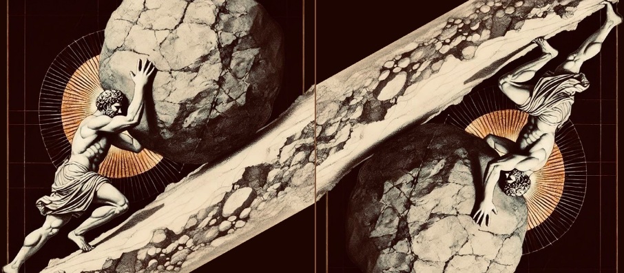 Two mirrored figures of Sisyphus pushing boulders up a slope